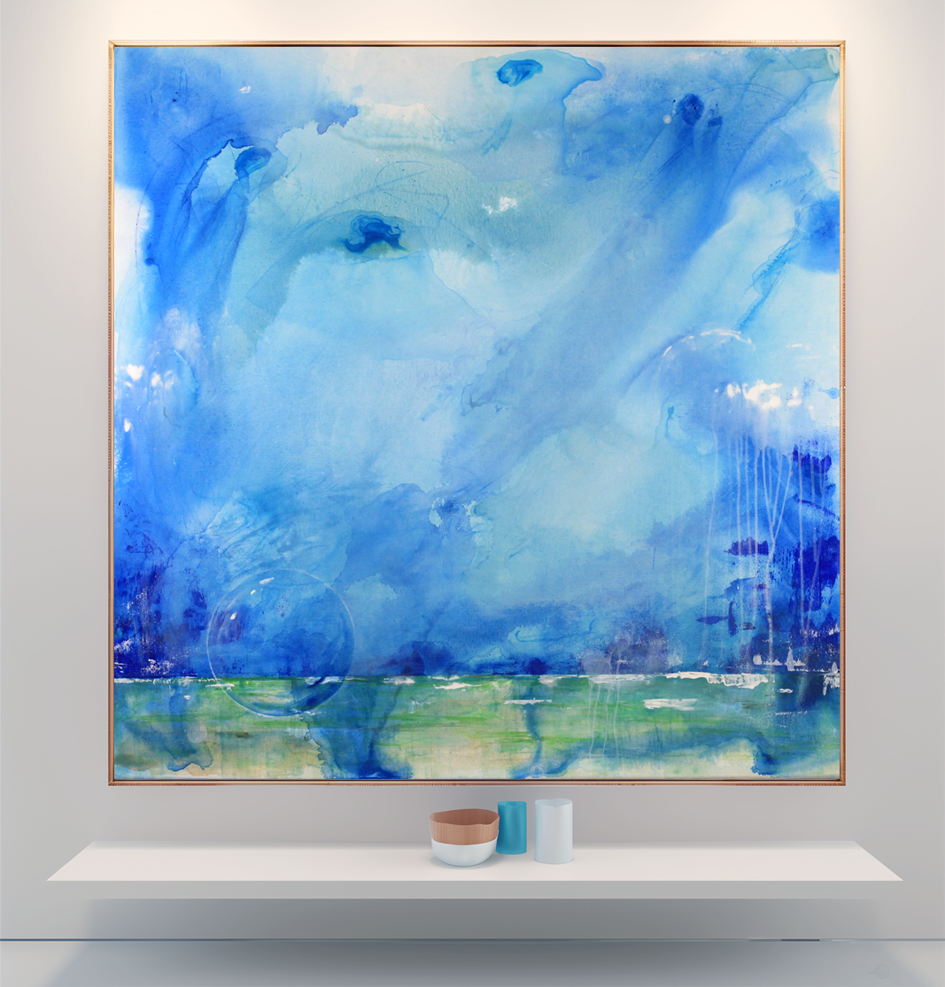 Transparente Sphäre – Tanz der Naturgeister II - "Transparente Sphäre – Tanz der Naturgeister II", ist ein abstraktes Gemälde, das die friedliche Schönheit und dynamische Energie einer Landschaft in grünen und blauen Tönen einfängt. Das Grün symbolisiert die üppige, lebendige Landschaft, während das Blau den weiten, klaren Himmel darstellt. Inmitten dieser harmonischen Szene ruht eine durchsichtige, sphärische Kugel auf der Erde. Diese Kugel symbolisiert die Reinheit und Transparenz der Natur und bildet einen ruhenden, klaren Mittelpunkt inmitten der lebhaften Szenerie. Die Sphäre schwebt gelassen über dem Gras, während um sie herum sanfte Winde und strömende Flüsse ihre Kreise ziehen und tanzen. Die Bewegung der Elemente wirkt lebendig und friedlich, wobei die Kugel eine harmonische Balance zur dynamischen Lebendigkeit der Landschaft schafft. Durch die verschiedenen Grün- und Blautöne und die fließenden Linien entsteht ein Gefühl von Tiefe und Unendlichkeit, das den Betrachter in eine Welt voller Energie, Ruhe und Schönheit entführt. Das Gemälde lädt dazu ein, sich in den sanften Bewegungen und Strömungen zu verlieren und die harmonische Kraft der Natur zu erleben, während die ruhende Kugel als Symbol für Gelassenheit und Klarheit dient., 100 cm x 100 cm x 4 cm